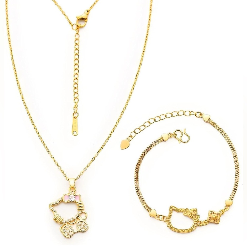 Gold Cute Cat Necklace and Bracelet Set